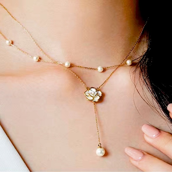 Jewelry - ✨2 for $30✨Fairycore 14K Gold Plated, Layered Camellia Necklace with Faux Pearls
